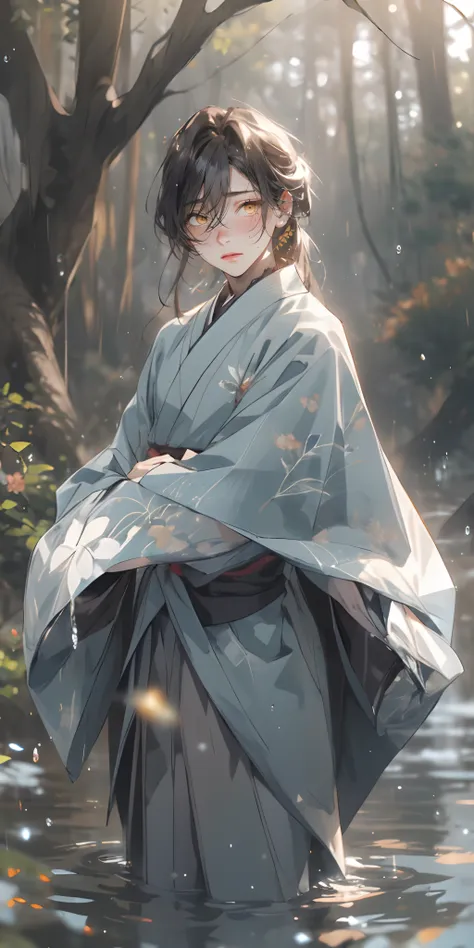 long hair,  japanese_clothes, solo, nature, 1boy, bangs,  outdoors, standing, forest, looking_at_viewer, water, blurry, male_focus, tree, wide_sleeves, hakama, blurry_foreground, water_drop, kimono, rock, long_sleeves, depth_of_field, black_hair,