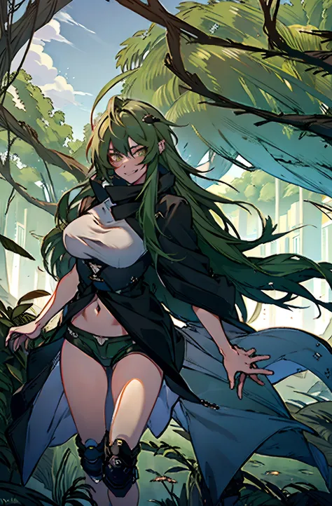 pure sky，plump legs，green gem setting，anime girl standing gracefully on the ground，black cape and green hair, rogue anime girl, ...