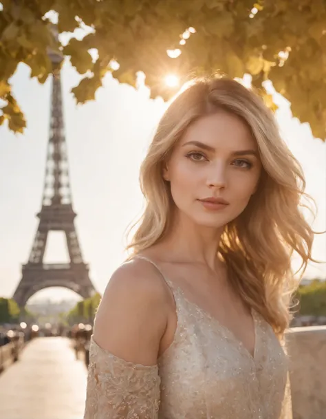 femme (femelle) Attractive near the Eiffel Tower, cheveux blond, pose attrayante, Sun behind, Vue attrayante,Prise de vue moyenne