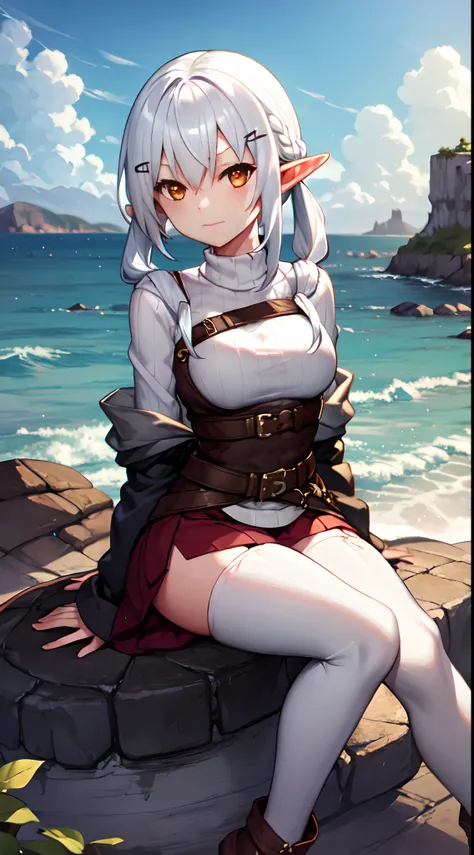 one girl, white hair, yellow eye, elf, medium breast, long twintail hairstyle, adventure theme, sit on the rock, calm expression