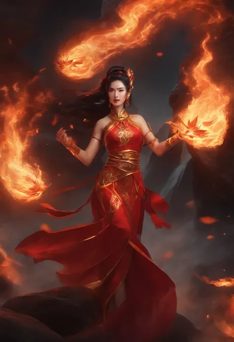 Close-up of a woman in a red dress standing in front of a rock, concept art inspired by Du Qiong, Trend of CGsociety, Fantasy art, full-body xianxia, appears as the fire goddess, zhongli from genshin impact, Keqing from Genshin Impact, maya ali as a lightn...