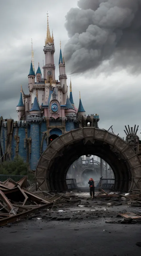 Apocalyptic ruins of the amusement park, Disneyland Castle destroyed, doll house on fire, attractions destroyed, Mickey on the ground, in ruins, apocalyptic atmosphere, a strange silence reign concretized by dark clouds, uprooted trees, broken glass,  (Cin...