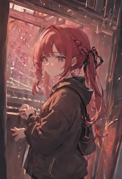 Black  eyes、Girl with  outside splash with braids above the ears、red and black hair、black ribbon、Wearing a Y-shirt、thin ribbon at chest,、chalk board、Female protagonist、parka