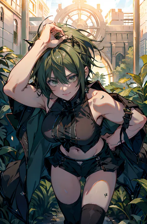 Pure sky，mechanical leg，Black mechanical legs，Plump legs，Green gem setting，Anime girl standing gracefully on the ground，Black cape and green hair, rogue anime girl, Anime girl standing, Wearing a cloak on the blasted plain, asuka suit under clothes!, Cybor...