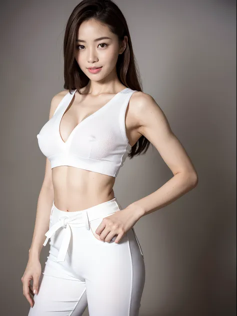 (Photorealsitic)(sixteen years old), Beautuful Women, (8K Beauty Full Body Portrait), Colossal tits,Stand alone, White karate uniform with no stomach visible, White Hand Belt, White karate pants, Perfect facial detail, attractive beautiful face, 二重まぶた, Bea...