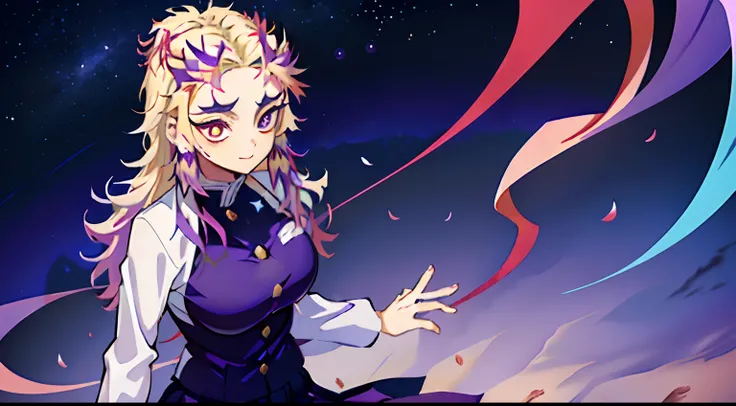 (Girl alone looking forward,with purple smoke and moons and stars)) The girl is an adult in the Demon Slayer uniform and skirt, purple and lilac hair on tip,e olhos roxos e amarelos,with medium large breasts.