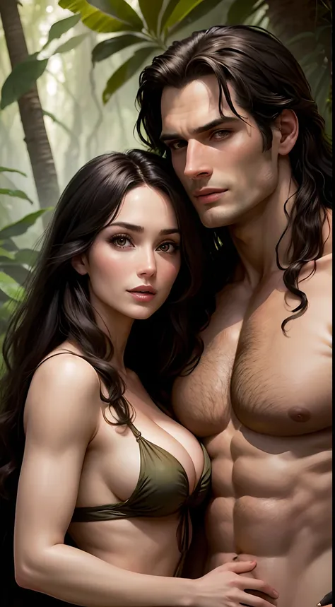 Tarzan and Jane playing together with a chimpanzee in a jungle, Monica  Bellucci as Jane, smiling, completely naked, long hair covering her breasts, Henry Cavill as Tarzan, laughing, dense forest in the background, upper body, front view, well lighted, hig...