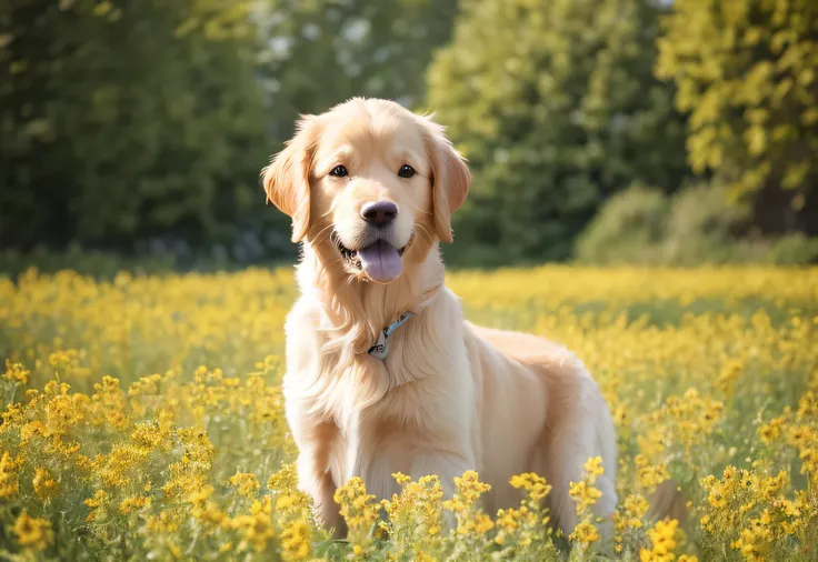 Masterpiece golden retriever young cute realistic, flower field, no chain, polish, amp film photography, sharp focus, contrast lighting, detailed skin, high resolution 8k, crazy detail, realistic, professional photography, 8k UHD, SLR camera, soft lighting...