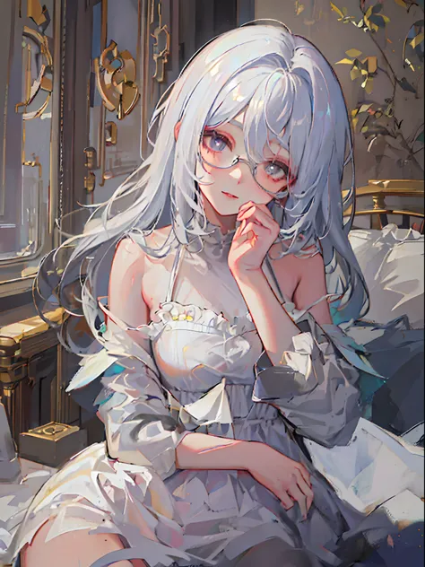 ((beautiful lighting, Best quality, 8K, Masterpiece: 1.3)), 1girl, Perfect body beauty, ((white hair)), (White dress: 1.4), (Indoor , night: 1.1),  (bed), Super Fine Face, Fine Eyes, Glasses, naughty look