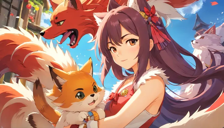 Ahri de League of Legends, foto do corpo todo, perfect hands, cabelos pretos e longos, nine fox tails on the tailbone, orelhas de raposa pretas, roupa de samurai vermelha, papel de parede, fundo em Iona, rosto sexy oriental, cabelos pretos escuros