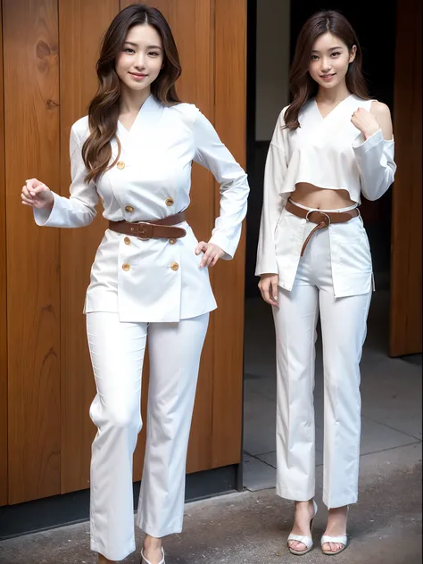 (Photorealsitic)(sixteen years old), Beautuful Women, (8K Beauty Full Body Portrait), Colossal tits,Stand alone, White karate uniform with no stomach visible, White Hand Belt, White karate pants, Perfect facial detail, attractive beautiful face, 二重まぶた, Bea...