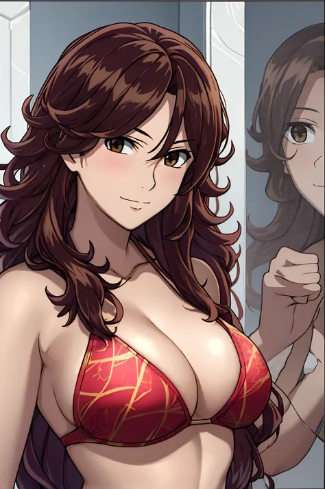 cowboy shot, detailed face, upper body view, detailed body, 4k, Sumergai Lee Noriega, best quality, anime style, hires, highest definition, digital blending, bold drawing lines, ((weak body), (slender body), mature woman, (bikini), victorious, gorgeous, sm...