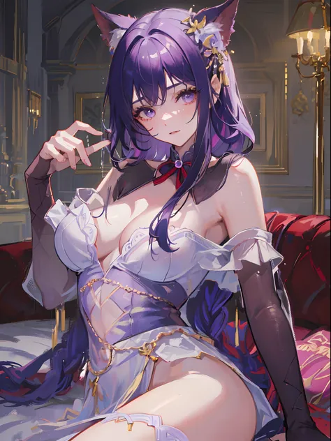 ((beautiful lighting, Best quality, 8K, Masterpiece: 1.3)), 1girl,  ((purple hair)), (White dress: 1.4), (Indoor , night: 1.1), (bed), Super Fine Face, Fine Eyes, Glasses,naughty look, stocking