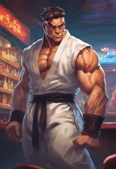 Masterpiece realistic, best high quality, perfect details, RAW Photo, intricate details, nice lighting, 4K, detailed background, big muscle, bartender minotaur, glasses, male, short hairstyle, white hair, tuxedo, behind counter, bar, smile, standing sex, s...