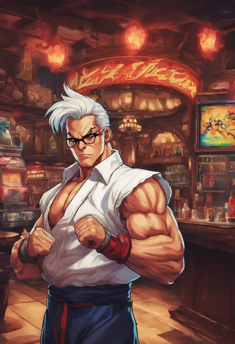 Masterpiece realistic, best high quality, perfect details, RAW Photo, intricate details, nice lighting, 4K, detailed background, big muscle, bartender minotaur, glasses, male, short hairstyle, white hair, tuxedo, behind counter, bar, smile, standing sex, s...