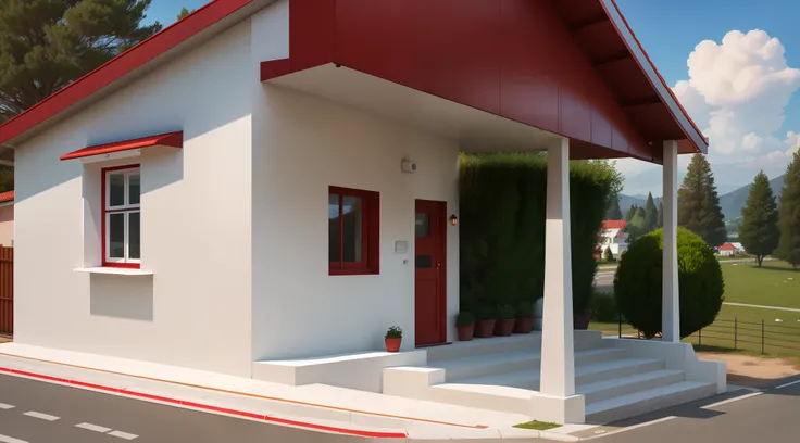 There is a small white building with a red roof and a red roof, vista externa, vista frontal, clean and pristine design, imagem central, vista frontal, 3/4 vista lateral, testa, visto de fora, Vista exterior, Front view, frontal, Vista lateral, testa cheia...