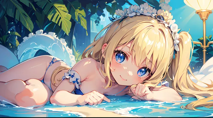 (top quality beautiful illustration),(((cute little loli))),(((tiny loli))),(((little girl))),(((small body))),(((childish face))),(((very fine pretty face))),(blonde long hair),(very detail shiny blue eyes),(seductive),(smile),(large breasts),(white bikin...