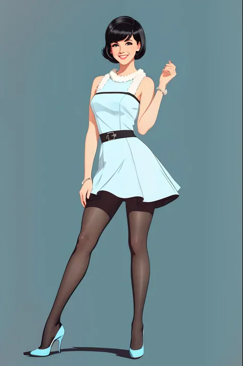 best quality, illustration, highres, 60s fashion, short hair, white sleeveless dress, light blue colored tights, black high heels, black hair, street background, smile,