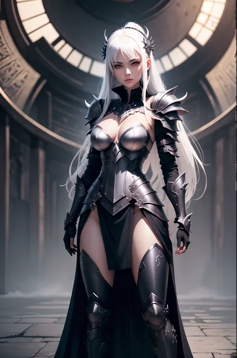 Frauen, Gesicht, White hair, Armor of the Black Dragon, Rote Augen, High quality, super detailliert, Super Holy Armor, vorderseite, Helles Bild, vorderseite, mehr vorne, black armor, Roter-Kupfer Verzierung, Cyberpunk, Neon, metallisch, fullbody view