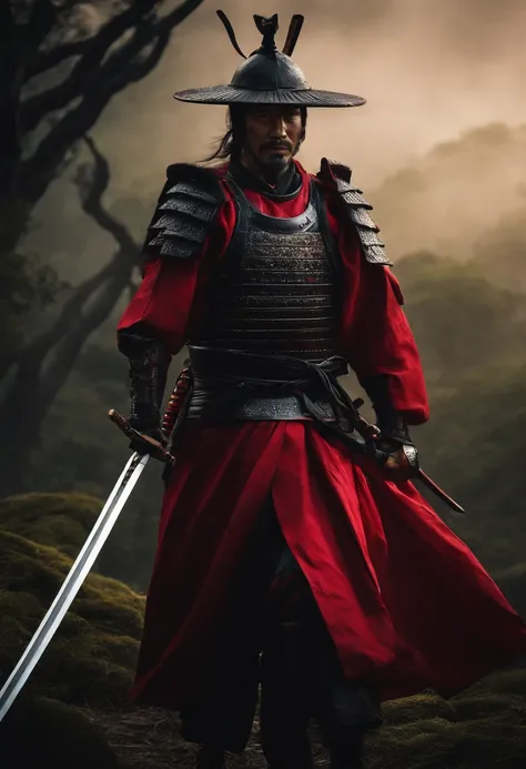 samurai com roupa escura, componentes de robo, com uma espada brilhando vermelho, de frente, fundo escuro, realista,