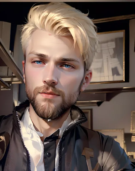 blonde man, blue eyes, short hair, thin beard on chin, wearing black clothes of a noble king, masterpiece, best quality