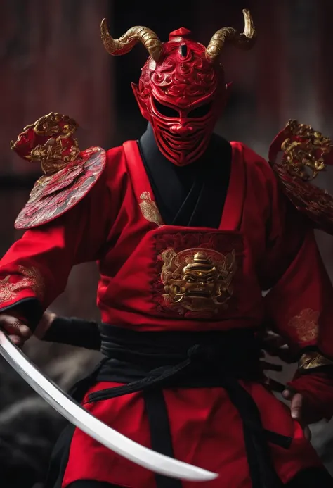 a red ninja with a Japanese oni mask, com uma roupa preta, menacingly