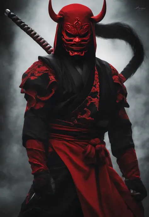 a red ninja with a Japanese oni mask, com uma roupa preta, menacingly