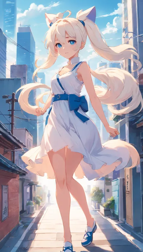 white color hair，double ponytail curls，blue color eyes，White Lolita，Beth，busy cityscape，Beast ears。Big breasts without shoes