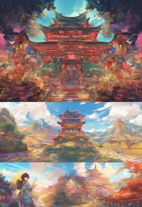 （（（Comic storyboard））），comic strip，Two-dimensional picture，Manhwa Style，Makoto Shinkai animation style，Makoto Shinkai animation film art style，Ultra-wide angle of view，China-style，a town with beautiful scenery，Faraway view，Vivid and bright colors，super-fin...