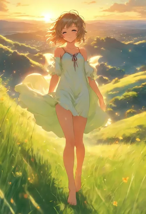 beautiful cute girl, white short nightgown, naked legs, bare arms, bare footed, There is a wide leather collar around the neck, hairlong, juicy short grass, Green Hills, Sunny day, Standing posture at full height,