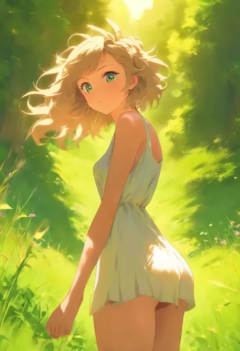 beautiful cute girl, white short nightgown, naked legs, bare arms, bare footed, There is a wide leather collar around the neck, hairlong, juicy short grass, Green Hills, Sunny day, Standing posture at full height,