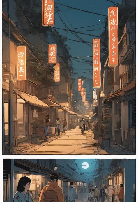 Comic strip，Hong Kong comic book style，Fengyun Cartoon Style，（（（Cartoon Storyboard））），Two-dimensional illustration，Makoto Shinkai Style，Makoto Shinkai Manga Art，teens girl，The narrow streets of the town，Starry skiing，vibrant with colors，ultra-fine，Soft lin...