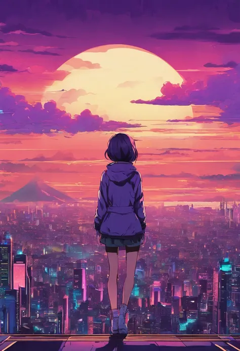 Close-up of the city with neon sunset in the background, Synthwave City, vaporwave city, Synthwave aesthetics, Neon City in the background, Background of Neo Tokyo, Neon metropolis in the background, Futuristic urban background, cyberpunk aesthetics, The c...