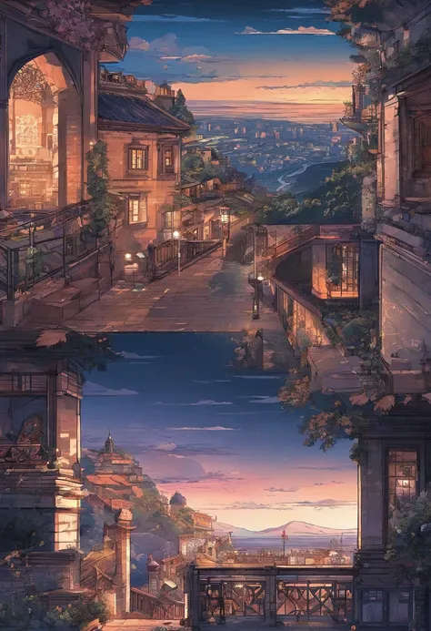 （（（Comic storyboard））），comic strip，Two-dimensional picture，Manhwa Style，Makoto Shinkai animation style，Makoto Shinkai animation film art style，Ultra-wide angle of view，China-style，a town with beautiful scenery，Faraway view，Vivid and bright colors，super-fin...