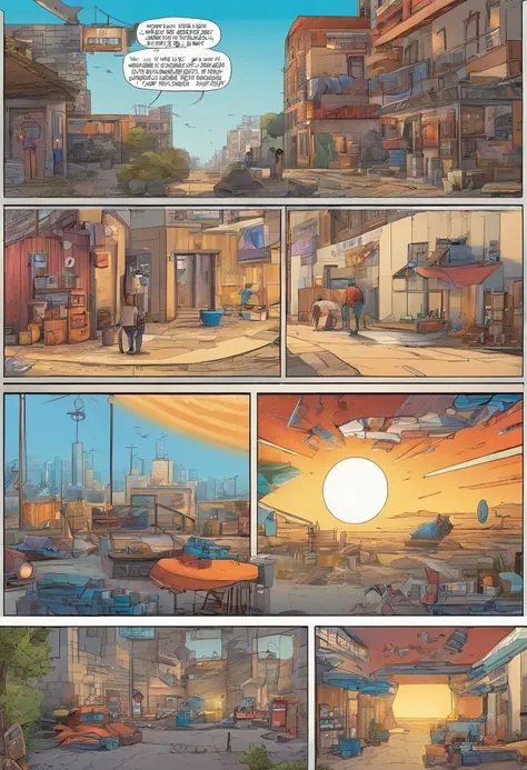 American comics, The cartoon is represented by several irregular panels with colors. The sun shines brightly in the sky. In the middle of a dusty city, We look at R2-X7, A small astronomical mechanic with a silver cylindrical body and blue details. He is t...