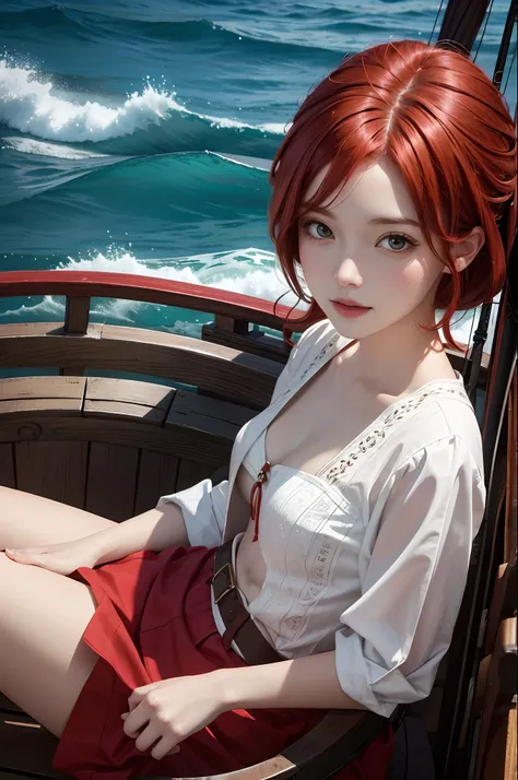 Portrait of Emily Udd, Nami, girls, Redhead,  short red hair, On a pirate ship,