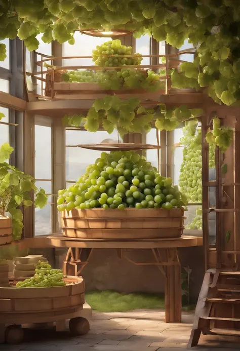 Three-storey robot house，The first layer is transparent，Many grapes are grown inside，The robot picks the grapes and transports them to the second layer for processing，The first floor is a shop，Packaged grapes for sale，Cartoon eye style，Stroke marking、Stick...