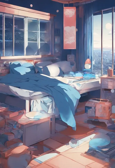 Anime background boy room blue kid of the 90s, ring lighting, Cinematics, 8K, Fotorrealista, atmosphere