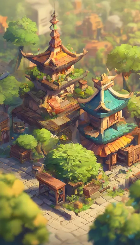 miniatures,Super Cute Clay World, See the isometric projection of the city ,Game Architecture Design, Cartoonish,Bamboo hut，The plant is matched to the building，Casual game style, Plant construction,..3D, mixer，Close-up cleavage，tmasterpiece，Super detailin...