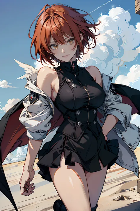 pure sky，plump legs，anime girl standing gracefully on the ground，black cape and red hair, rogue anime girl, anime girl standing,...