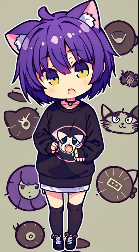 (Best Quality,4K,High resolution), Cats with human characteristics, Cat ears, Cat Ear Headphones, Purple hair Short hair, Big detailed eyes, Sharp detailed eyes, cold stare,tchibi, Cat tail, Comical illustration, Vibrant color palette, Colorful, Comical ap...