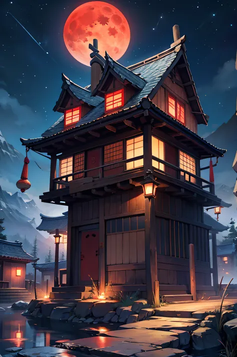 yokai village, night sky, red moon, realistic full Hd, best quality