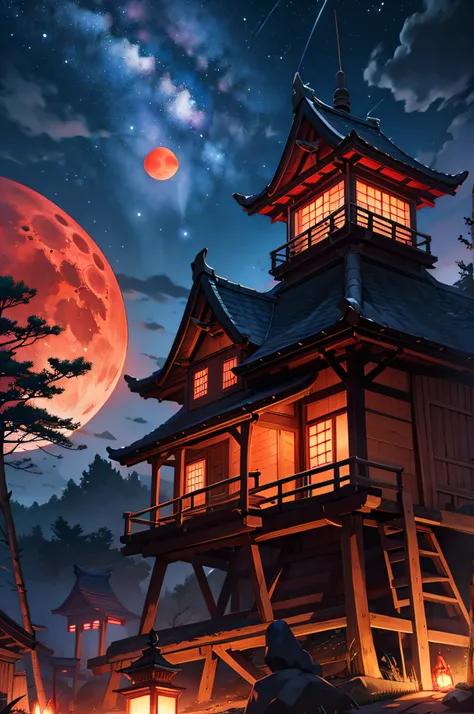 yokai village, night sky, red moon, realistic full Hd, best quality