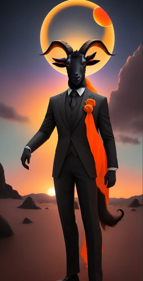 A GOAT STANDING WITH HUMAN BODY HIS OUTFIT IS A BLACK SUIT, PARECE O BAPHOMET, ATRAS IS A PARADISE, THE SKY TA WITH THE SUNSET, FINAL DE TARDE, PASSERINES FLYING AROUND, ALTA QUALIDADE,4K,REALISMO, HDR+, SPACE LUNATIC ENVIRONMENT,IN THE SKY HAS TWO SUN, ON...