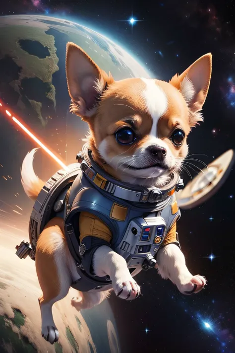 chihuahua astronauta ((best quality)), ((master part)), ((anime)), Detailed space dog, Playing in the space galaxy, spaceship, scientific fiction, Astronauta, Inspirado em Star Wars