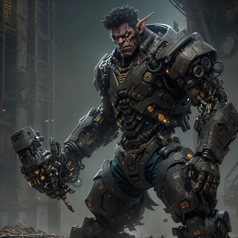 masterpiece, best quality, 1boy, orc, male focus, mecha, robot, science fiction, solo, black background