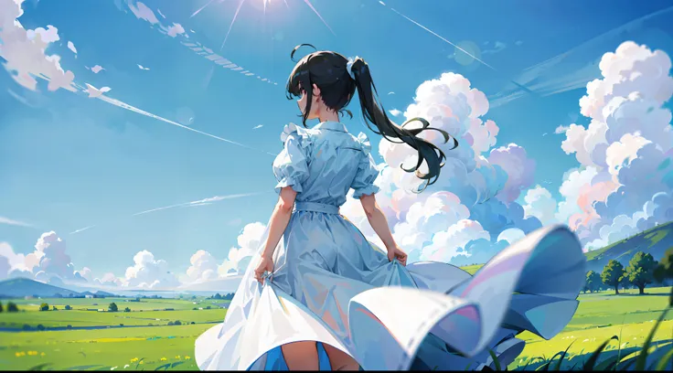 A girl standing, with a back, ponytail, wearing a white dress, with a green field in front and blue sky and white clouds in the distance