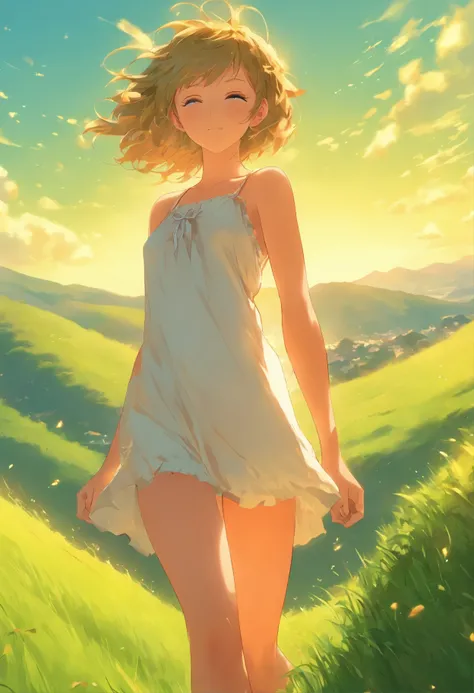 beautiful cute girl, white short nightgown, naked legs, bare arms, bare footed, There is a wide leather collar around the neck, hairlong, juicy short grass, Green Hills, Sunny day, Standing posture at full height,