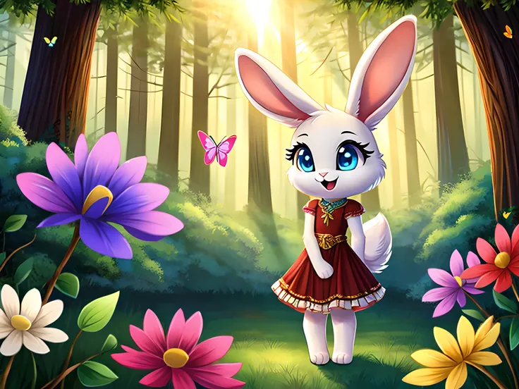 zoomed out image, fantasy style art, cute, adorable, short, tiny, little fluffy female white bunny with blue eyes, 2 extra ears, 4 ears, big floppy ears, long ears, ears perked up, raised ears, long eyelashes, poofy rabbit tail, smiling, standing in a thic...