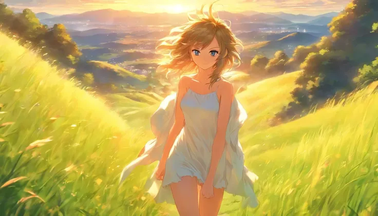 beautiful cute girl, White short nightgown, naked legs, bare arms, bare footed, There is a wide leather collar around the neck, hairlong, juicy short grass,, Green Hills, Sunny day, Standing pose at full height,